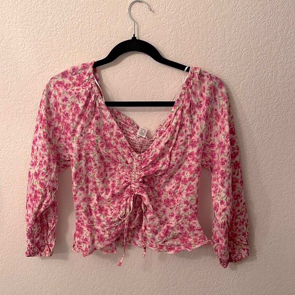Pink floral print milkmaid blouse with adjustable neckline